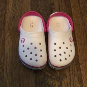 Pink / rainbow crocs